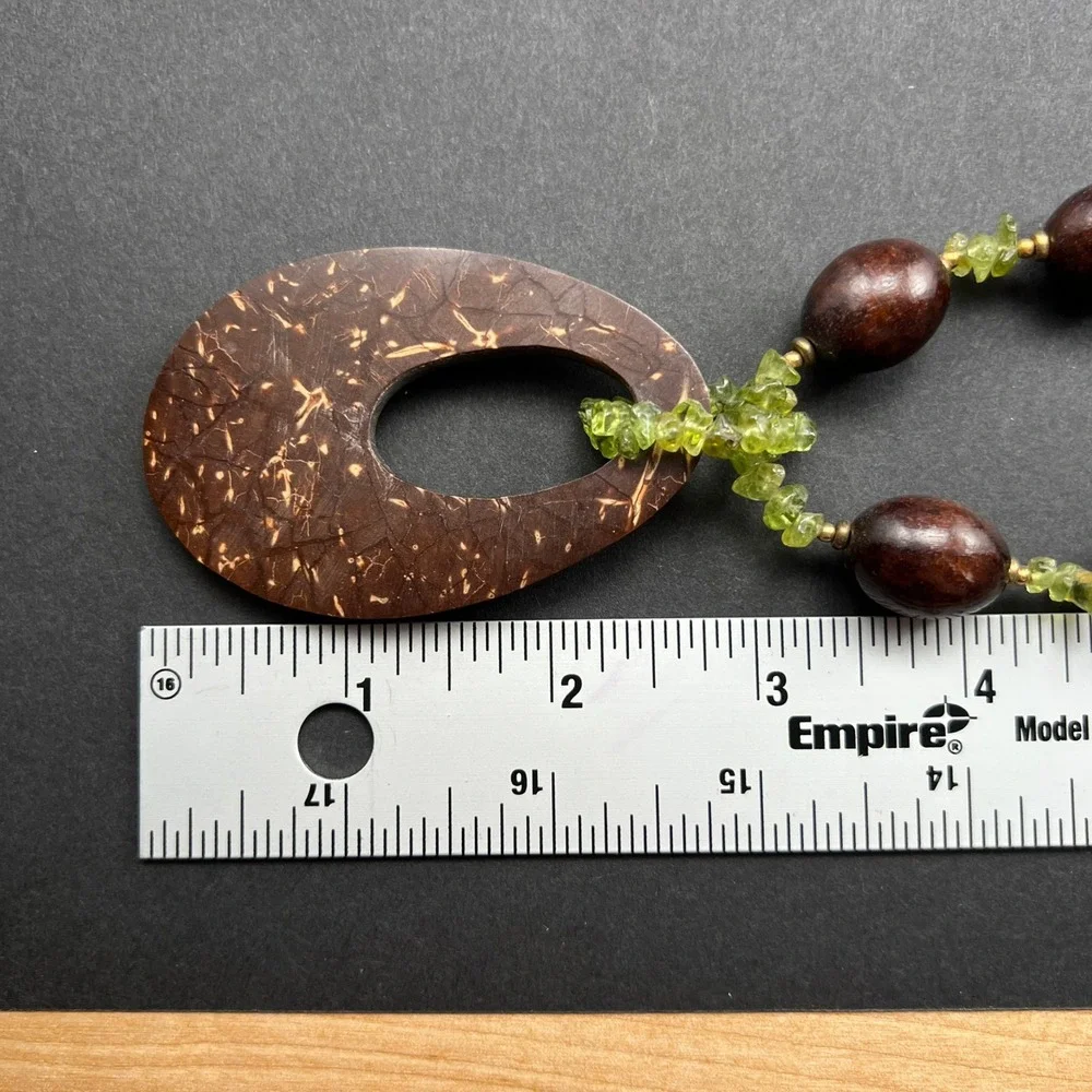 Boho Beaded Necklace Brown Green Wood Stone Coconut Shell 19